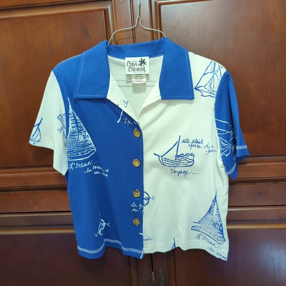 Women's Copa Cabana Sailboats USA Blouse Size Petite Sm Short Sleeve Button Up - Picture 2 of 10